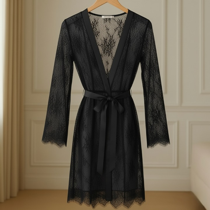 Women’s Net Transparent Sheer Lace Robe Gown – Long Sleeve Free-Size Nightwear With Satin Belt For Elegant And Stylish Comfort - Black