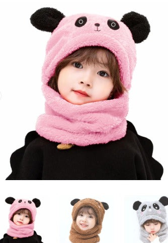 Kids Winter Panda Wool Cap With Neck Warmer – Warm And Cozy Cartoon Panda Design Baby Cap For Winter Protection